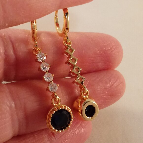18K Yellow Gold Filled Sapphire Navy Blue White Diamond Zircon Dangle Earrings - Picture 5 of 5